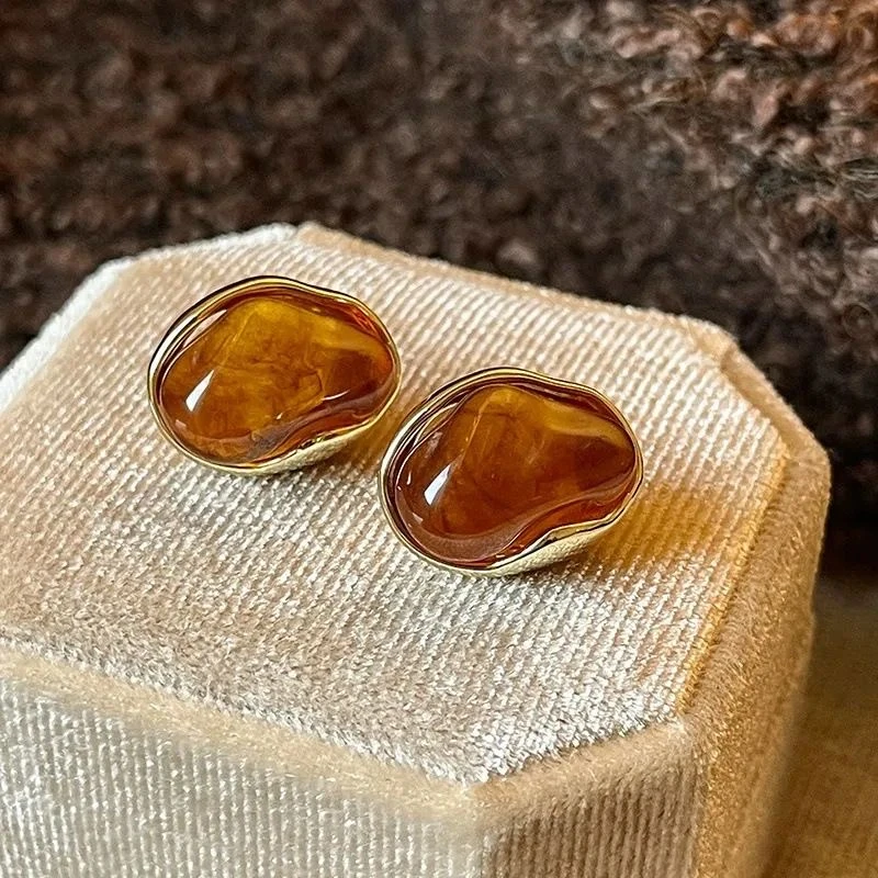 铜合金耳饰 耳钉气质女卡其色百搭简约小众复古轻奢时尚饰品8891