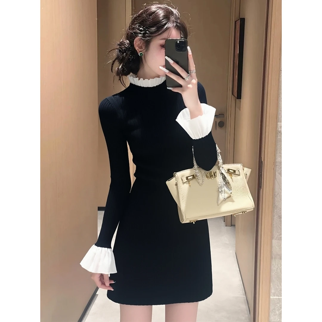 早秋精致小个子穿搭高级感巨好看重要场合赫本风黑色拼接连衣裙女