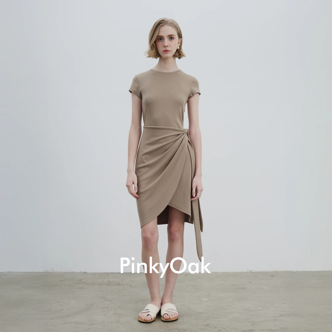 晨雾拿铁绑带连衣裙 |  PinkyOak 通勤裙法式咖色中长款连衣裙