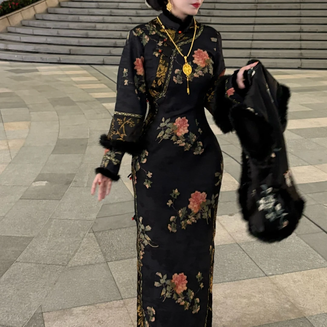 LHMknk1画报夫人原创自制新中式国风清宫旗袍连衣裙 压轴花