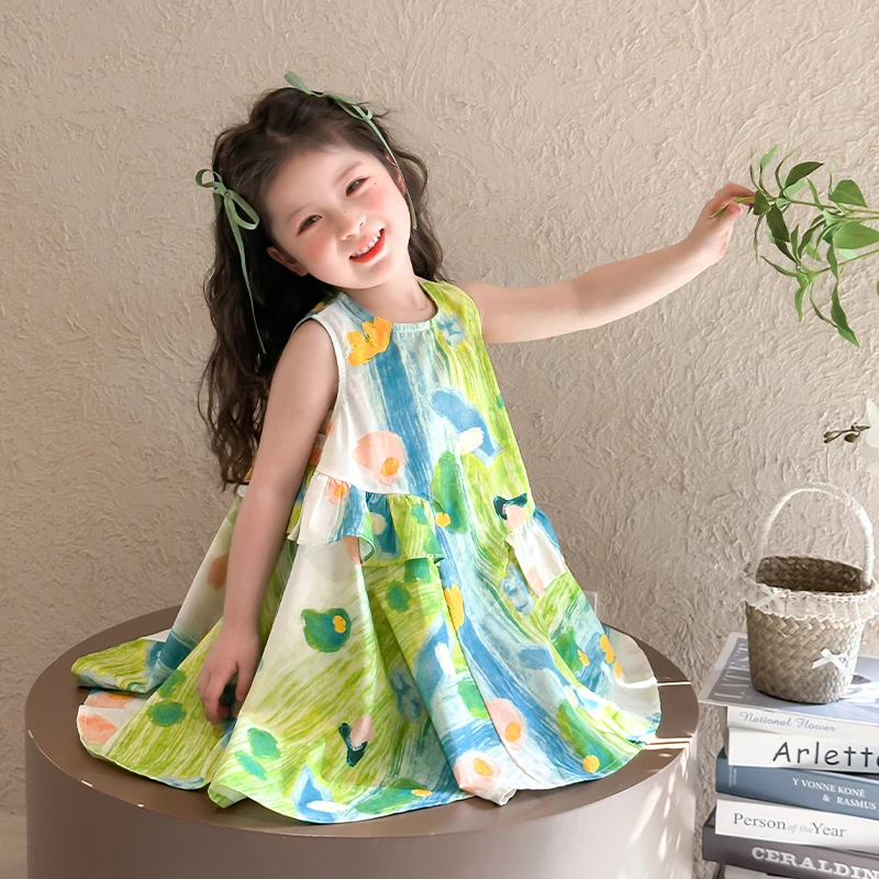 女童夏装连衣裙无袖2025新款儿童棉布裙洋气涂鸦背心裙宝宝薄裙子