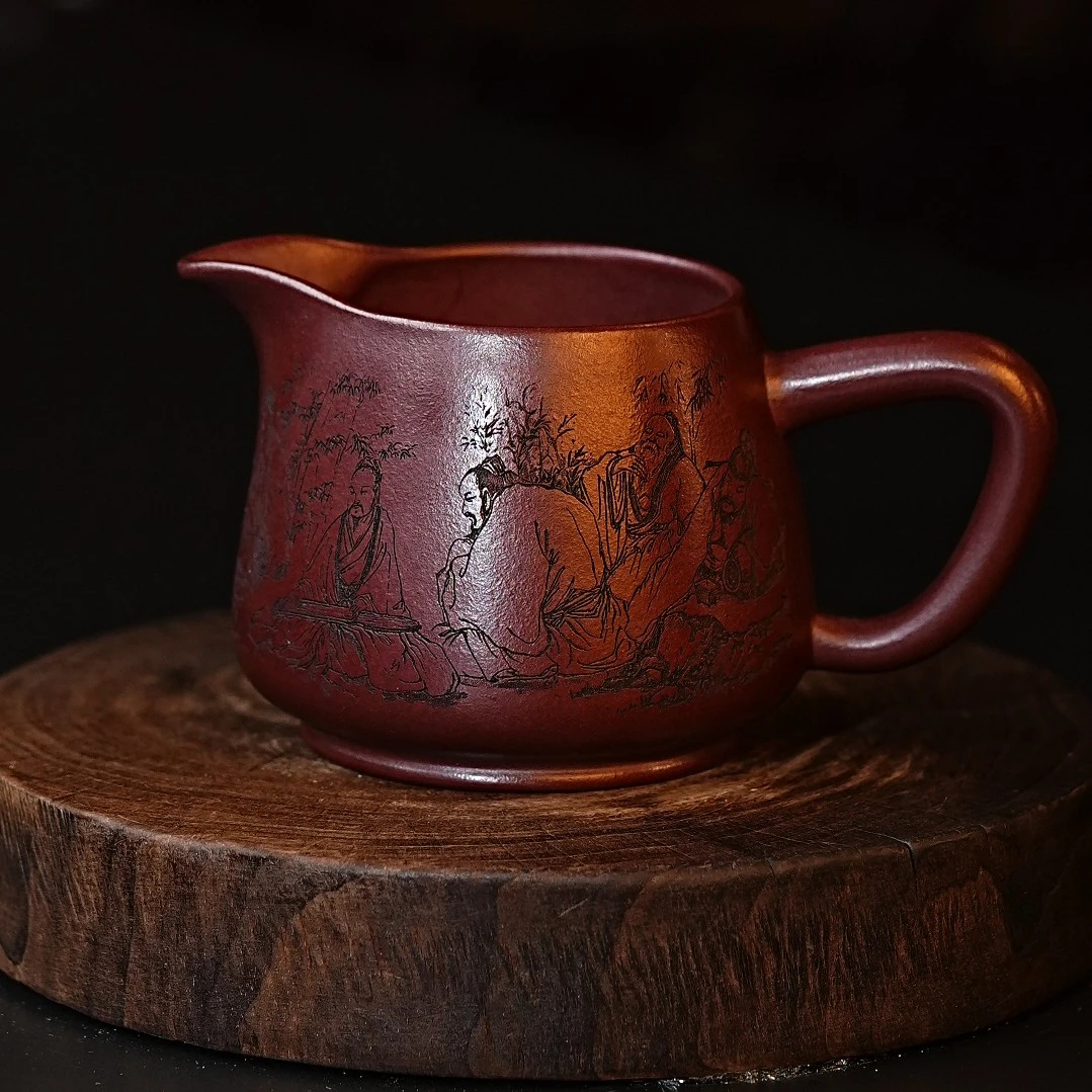 宜兴原矿龙血砂手工刻绘竹林七贤紫砂公道杯