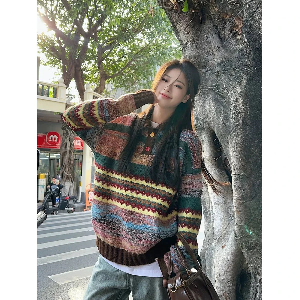 复古彩色条纹高领毛衣女宽松慵懒风针织衫秋冬内搭020