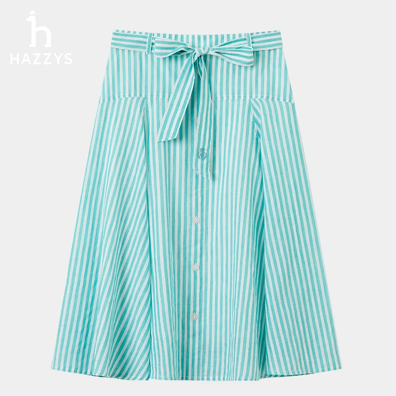 Hazzys哈吉斯女士夏季伞裙条纹半身裙时尚休闲裙子