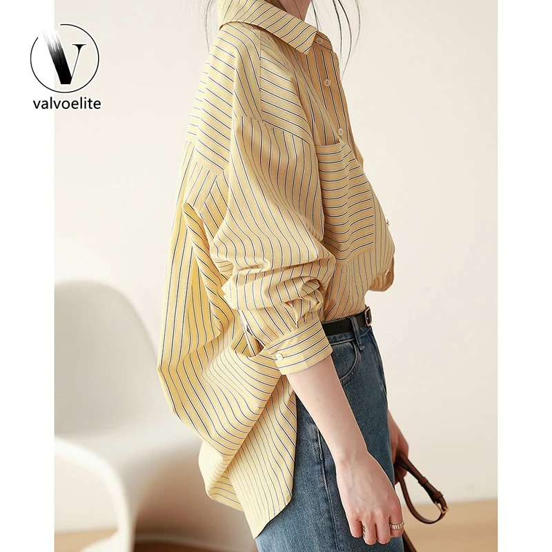 VALVOELITE女装时尚法式宽松慵懒风黄色条纹衬衫法式黄色宽松衬衫