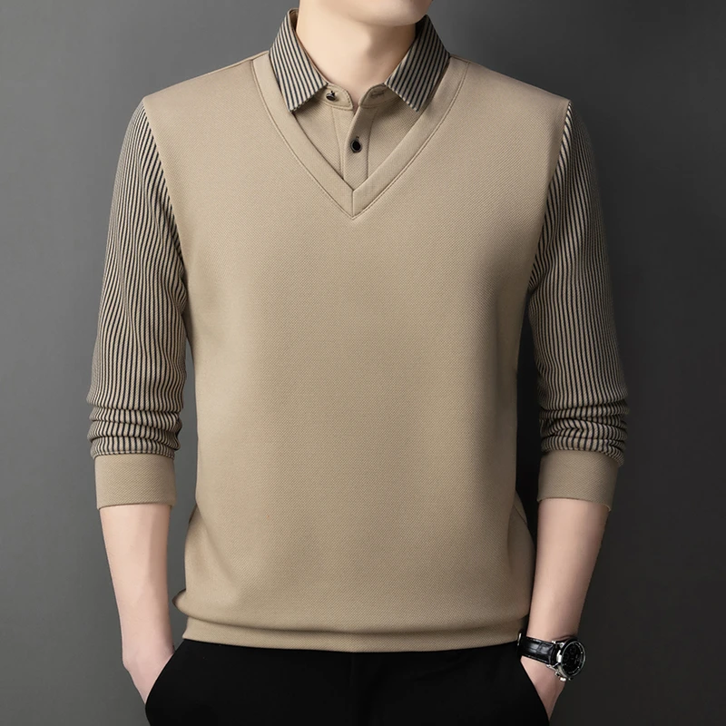 春秋薄款休闲男士休闲长袖T恤针织翻领衬衫领时尚假两件男装上衣