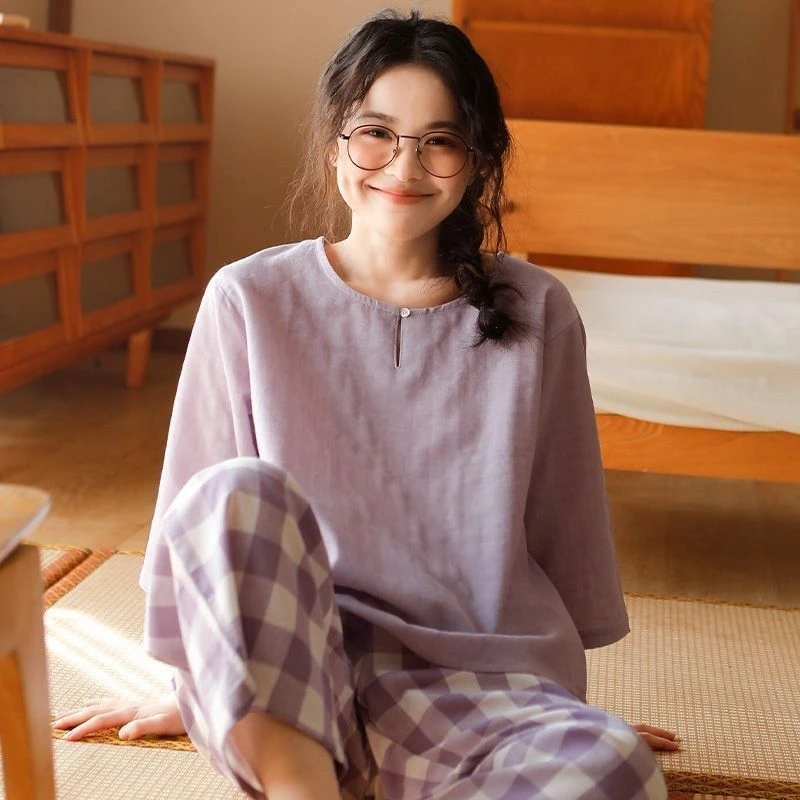 睡衣女七分袖夏纯棉布料100全棉高级感纯色套头可外穿家居服春秋