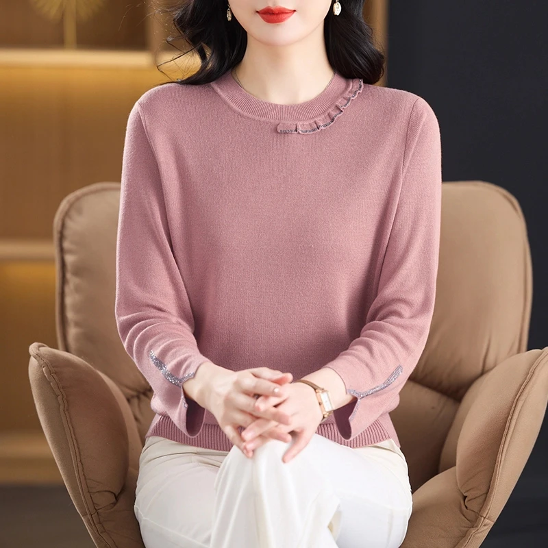 2025春秋新款T恤中年女士高档针织圆领打底衫宽松妈妈装长袖上衣