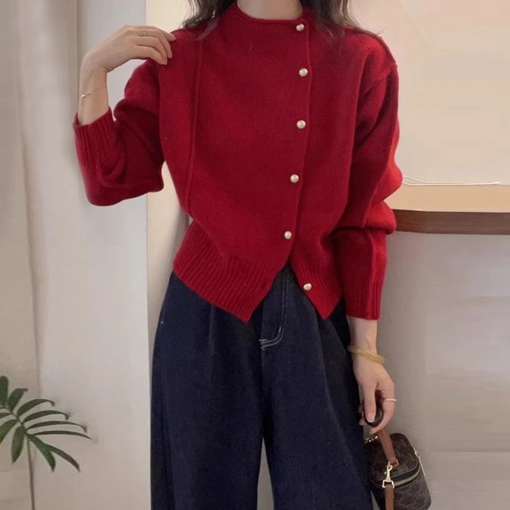 冬季新款时尚圆领长袖针织毛衣女宽松简约开衫小个子外套上衣潮