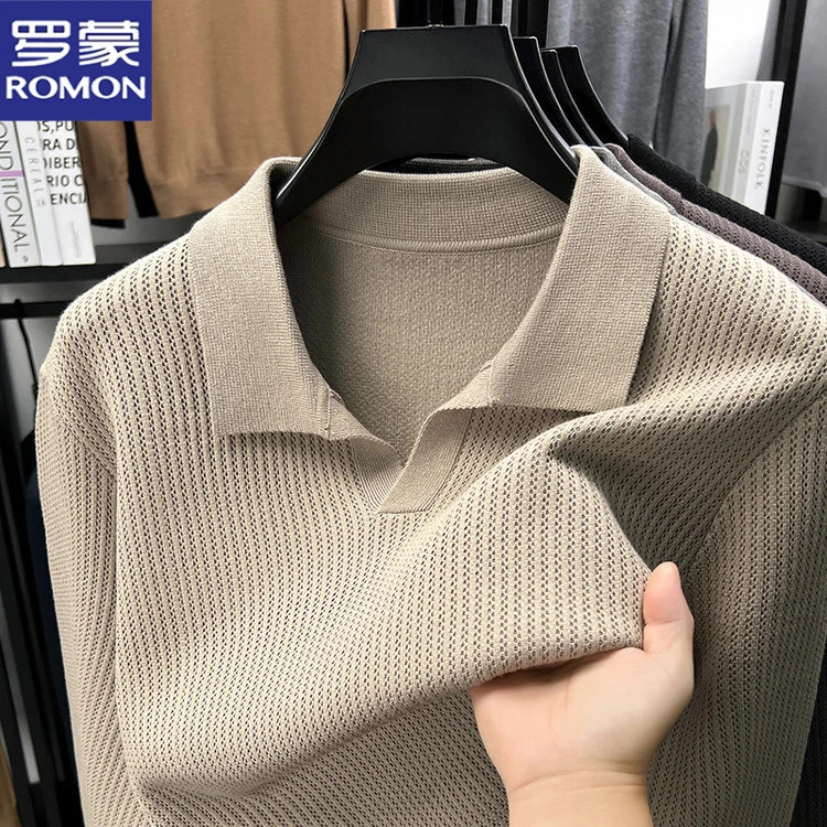 罗蒙秋季新款男士纯色剪刀领针织毛衣时尚潮流宽松商务休闲打底衫
