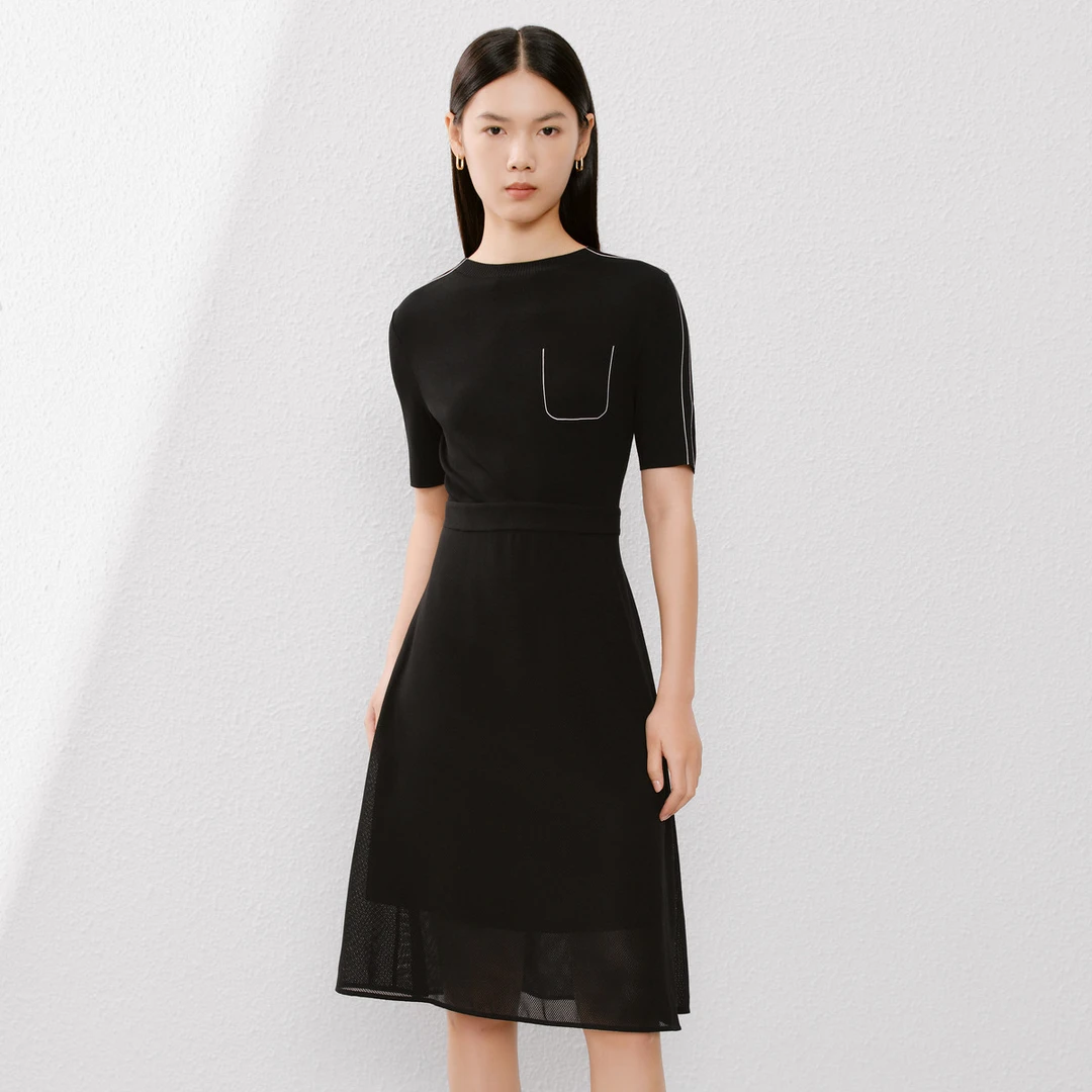 【CC专属】【针织拼接连衣裙】短袖收腰小黑裙子女CF04109