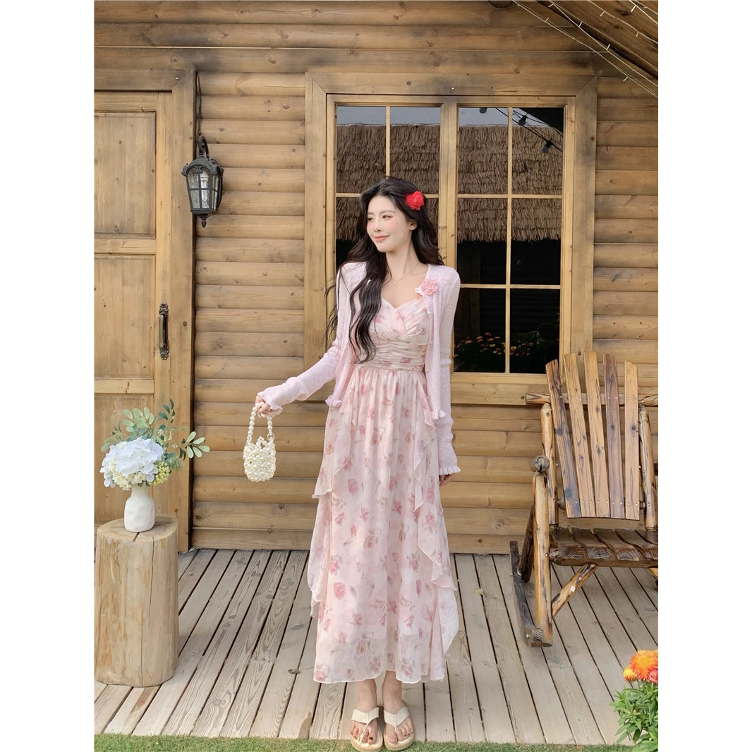 大码205年新款不规则碎花吊带连衣裙开衫两件套女春夏温柔风