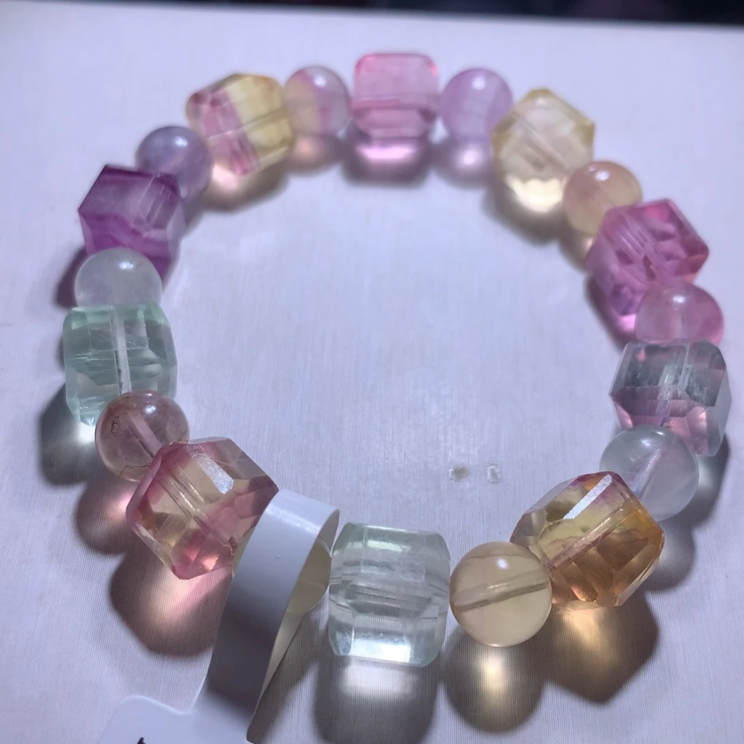 水晶手串银S925镶嵌萤石方糖10.3m