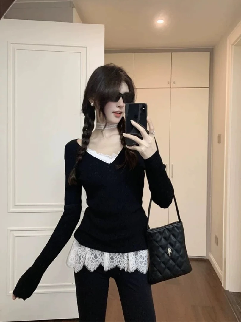 0600春季2026美式辣妹减龄纯欲蕾丝吊带修身显瘦长袖上衣两件套女