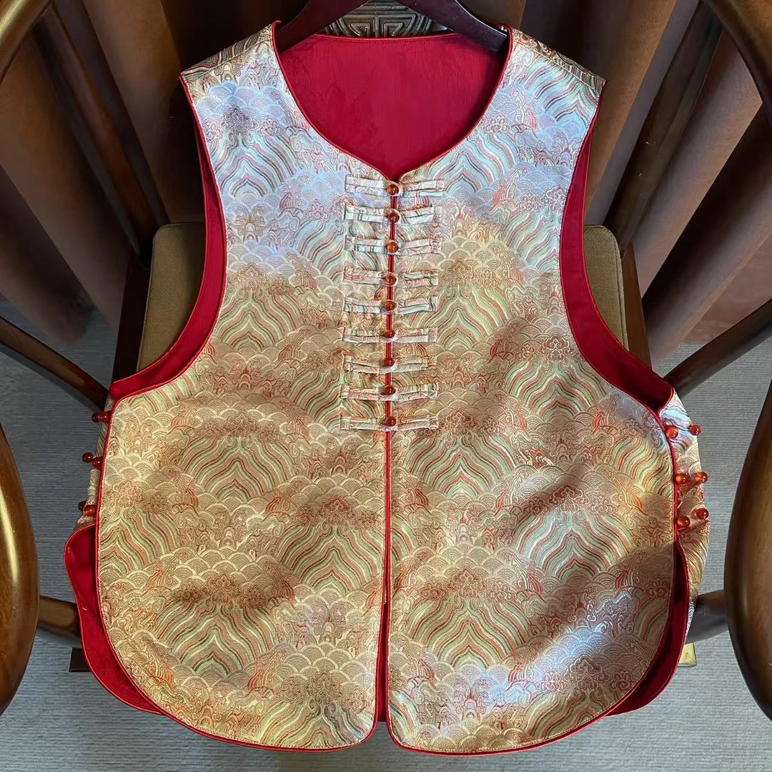 【洛水】提花女服装春季红色常规款马夹双面上衣渐变宽松型圆领中式