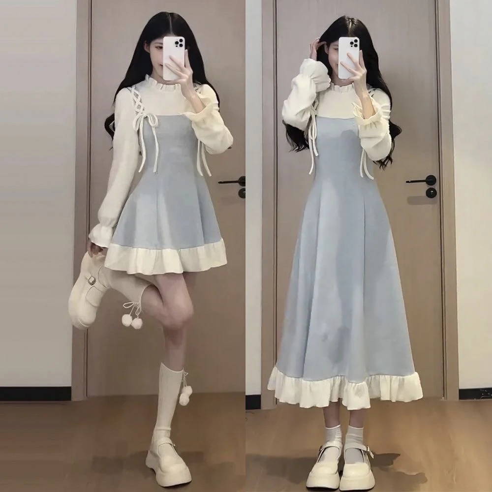 小个子甜美短裙秋冬收腰显瘦小众设计感撞色拼接假两件套连衣裙女