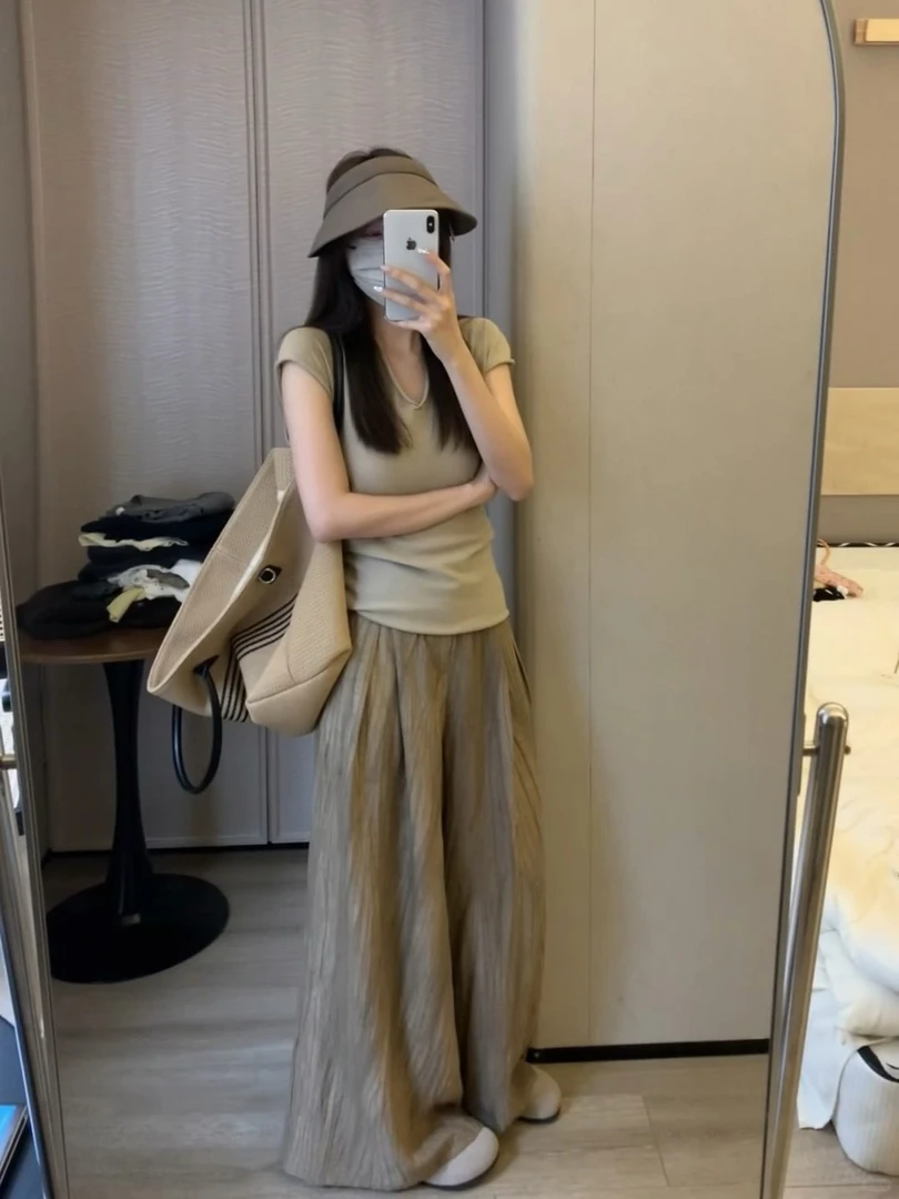 复古纹理感气质高腰阔腿裤女春夏薄款通勤百搭长裤子