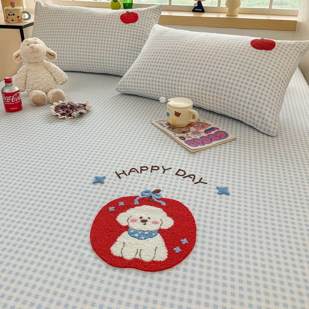 卡通苹果狗纯棉磨毛床单单件100全棉儿童被单人宿舍床笠罩床铺单