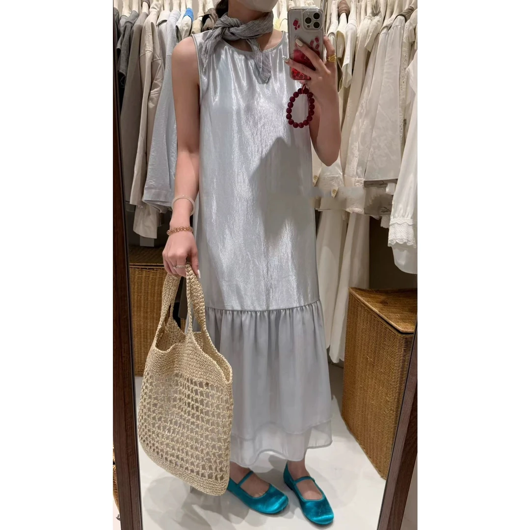 【可乐优选】韩系纯色微珠光法式百搭设计感背心连衣裙