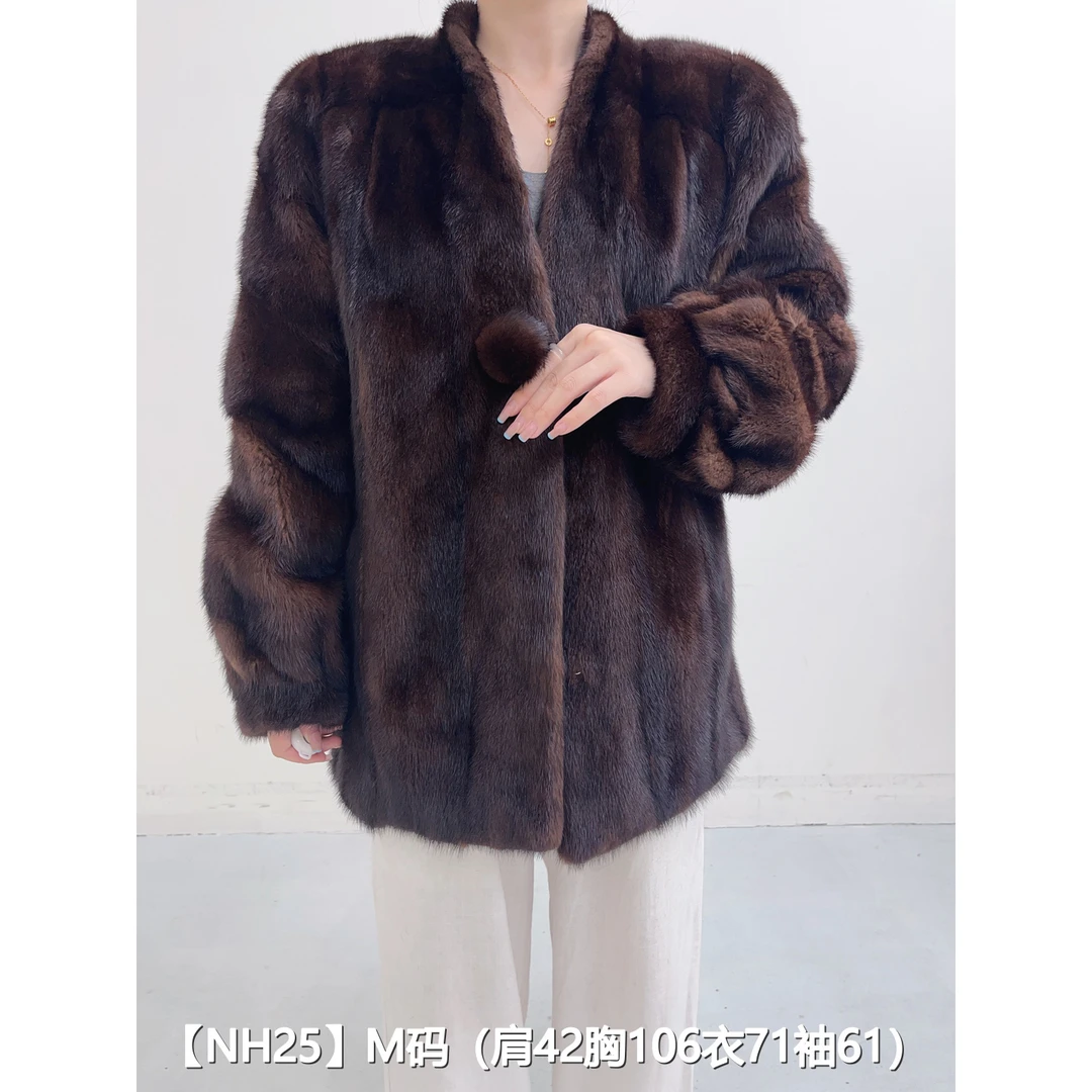 【NH25】M 焦糖棕短款整皮貂皮水貂外套女 V领斜纹袖 08025