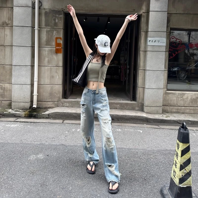 美式复古高街破洞牛仔裤女2025年秋季新款高腰显瘦宽松阔腿拖地裤