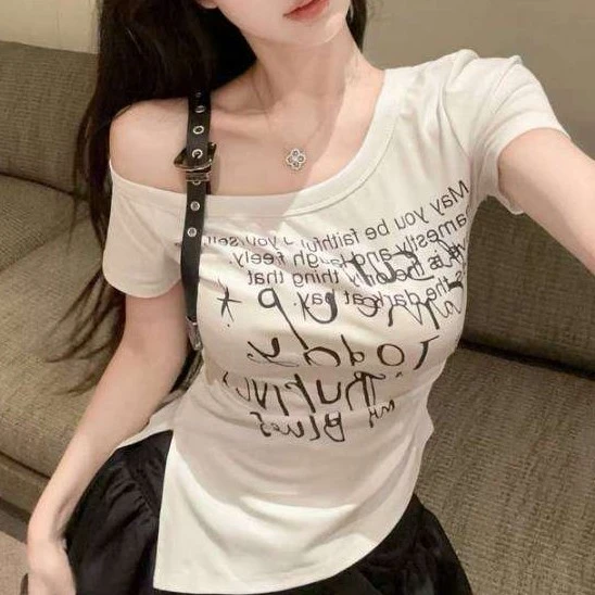 不规则斜肩短袖t恤女夏季美式辣妹一字肩上衣设计感小众独特漂亮