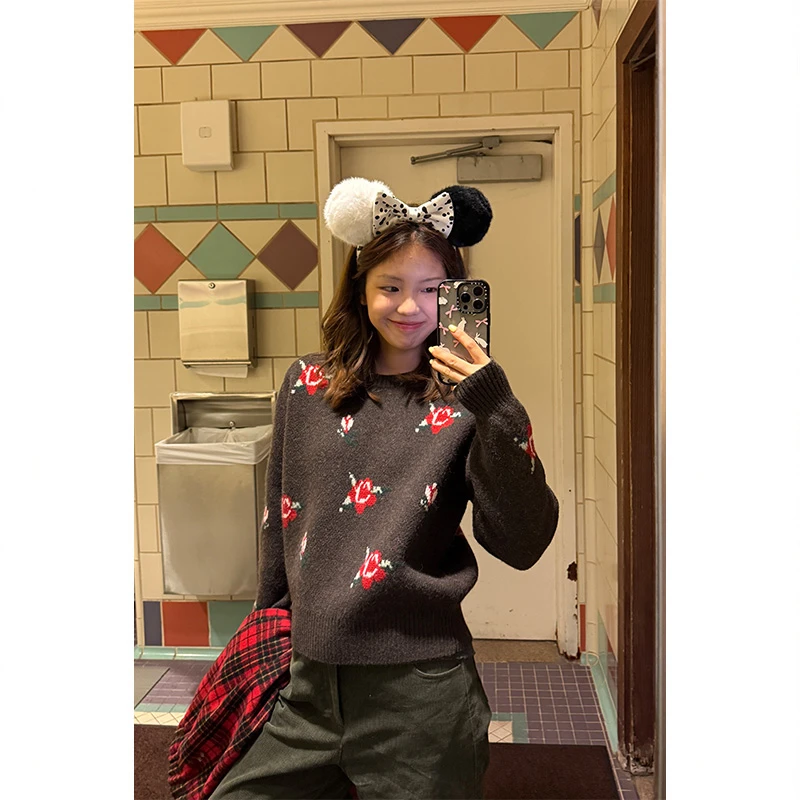 Tuuuh【棕系玫瑰】花朵提花毛衣女秋冬韩系保暖针织上衣M39909TU54