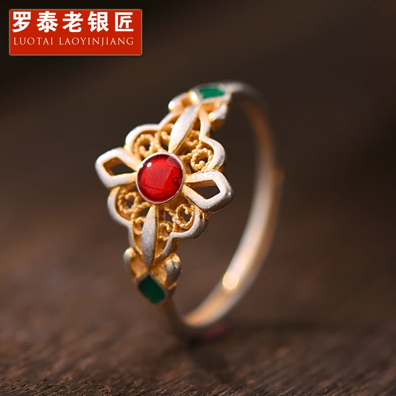 罗泰老银匠 足银珐琅戒指 990纯银金钗戒指女款时尚国风食指指环