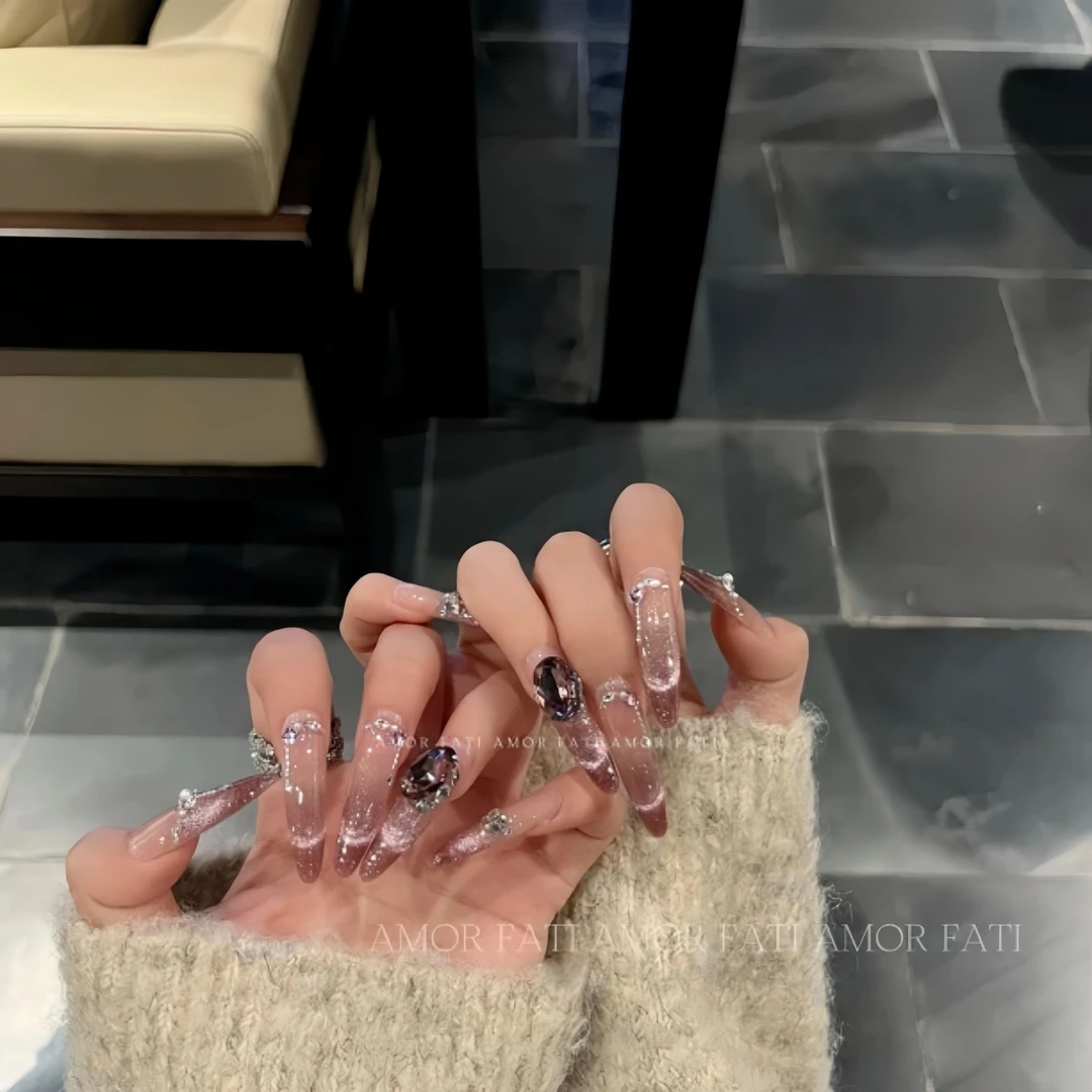 纯手工【桃夭璨星】粉色梦幻猫眼少女感美甲穿戴甲片