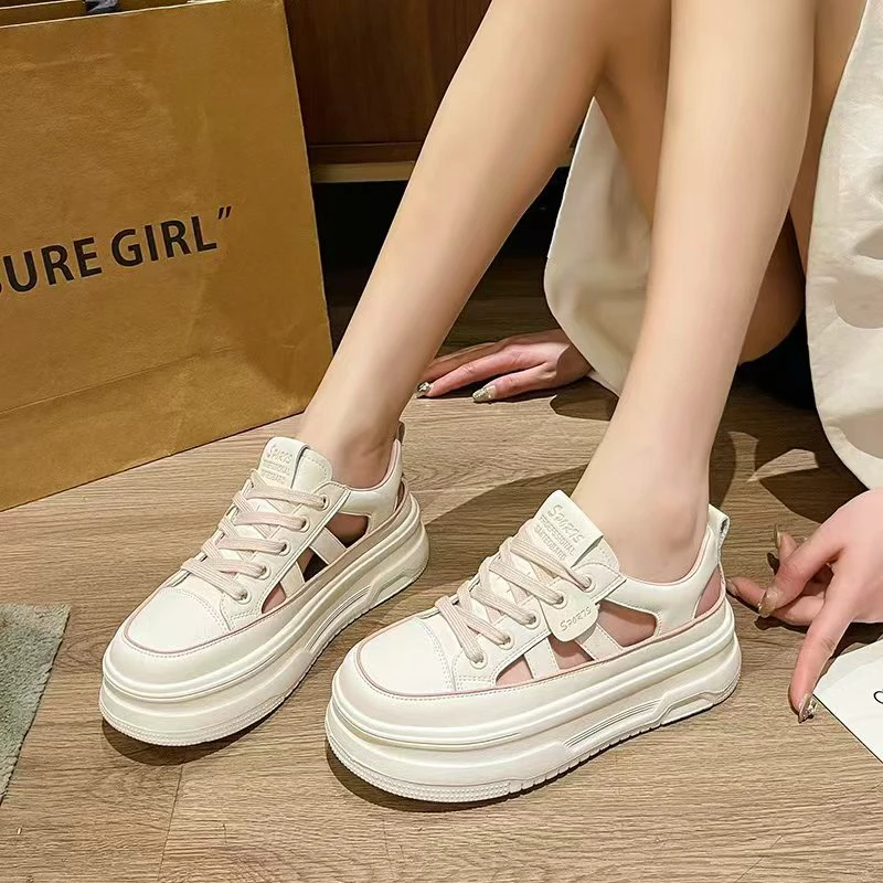 【镂空小白鞋】包头凉鞋女2025新款真皮透气镂空小白鞋厚底洞洞鞋