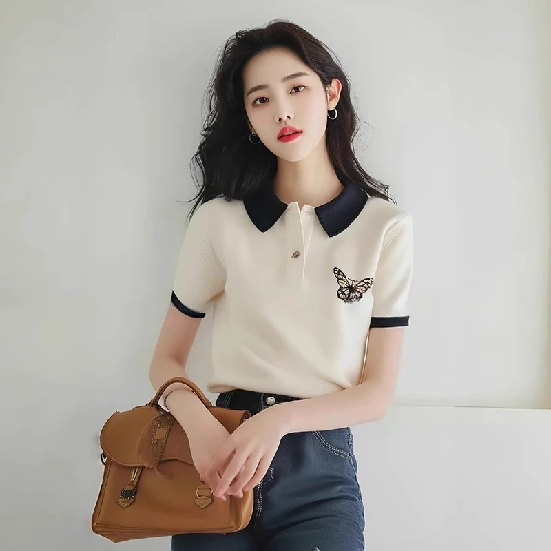 白色蝴蝶polo领短袖T恤女2025夏季新款时尚不撞款独特绝美上衣