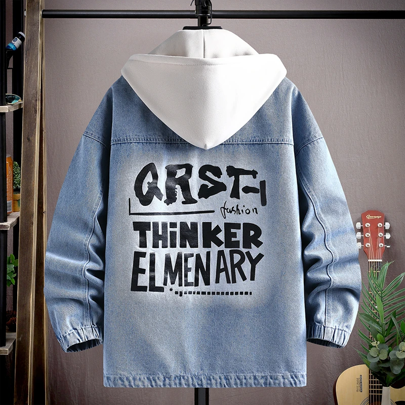 青少年春秋季牛仔外套初高中学生潮牌帅气连帽夹克男休闲连帽外衣