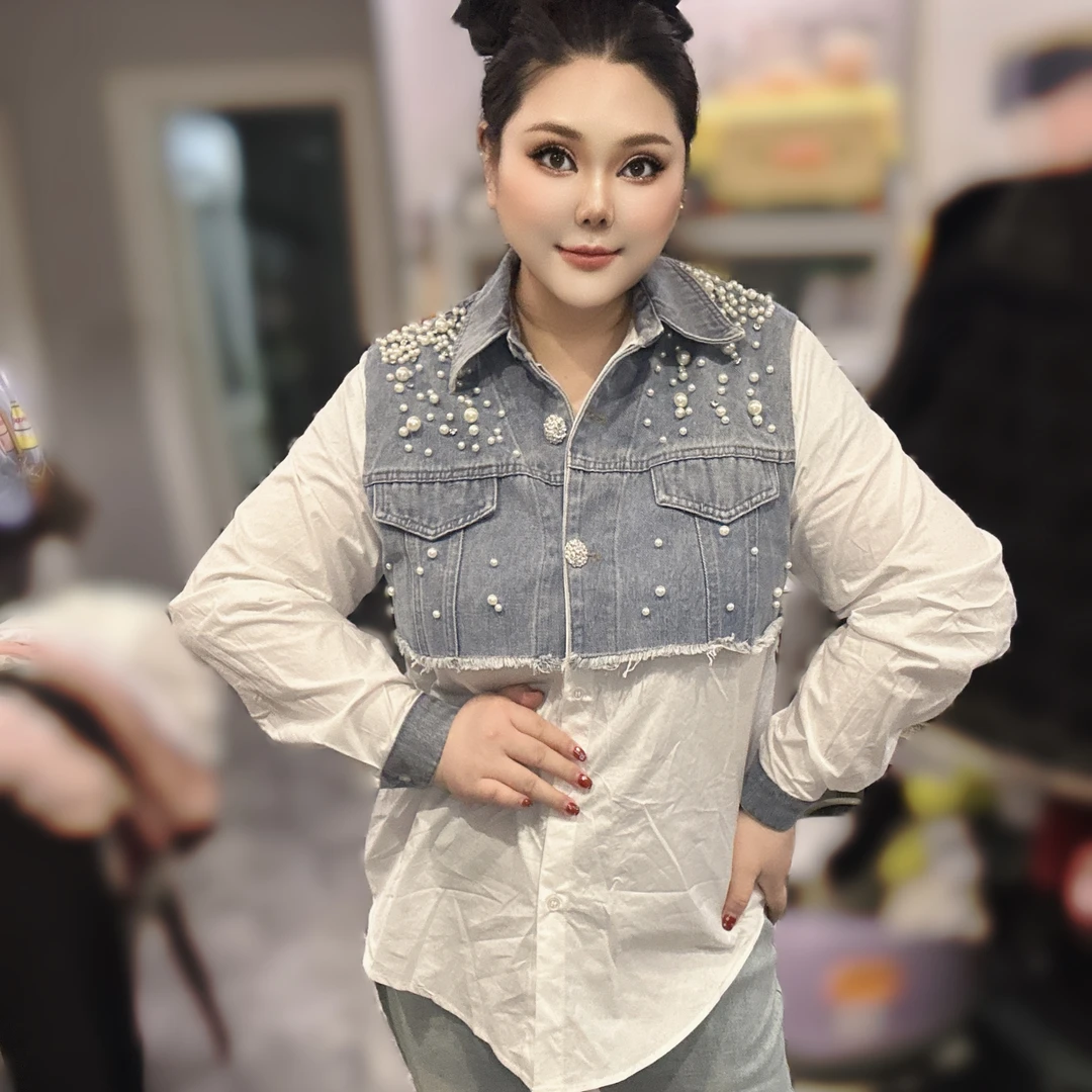 初秋新款珍珠点点牛仔拼接轻奢衬衫