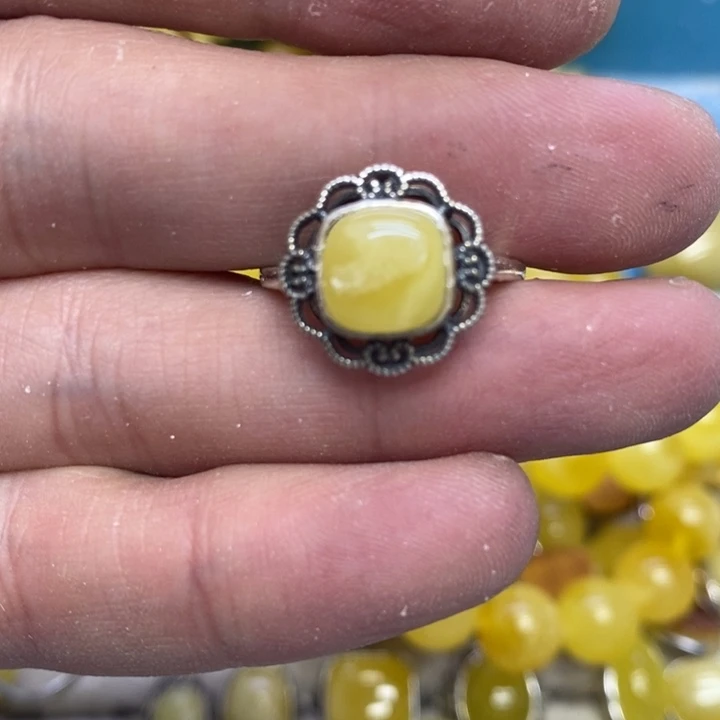 蜜蜡裸石银S925镶嵌戒指