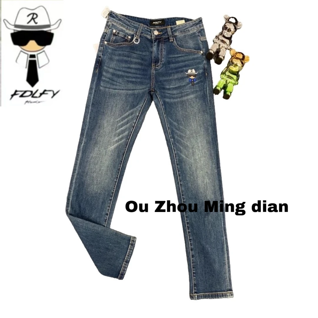 【欧洲名店】2095老佛爷FDLFY正品薄款弹力刺绣修身百搭蓝色牛仔裤