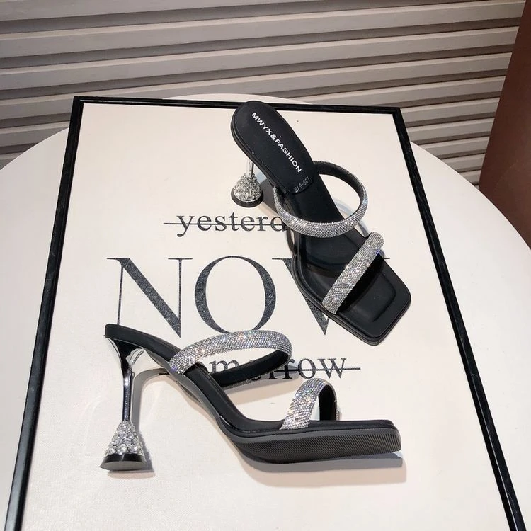 空细跟气质名媛2025夏季新款方头网红高跟鞋水钻一字带凉拖鞋女