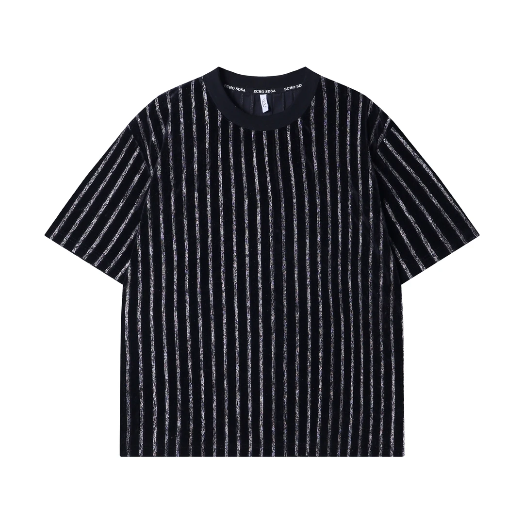 T2285春夏新款时尚个性韩版撞色竖纹印花圆领短袖T恤小众设计百搭