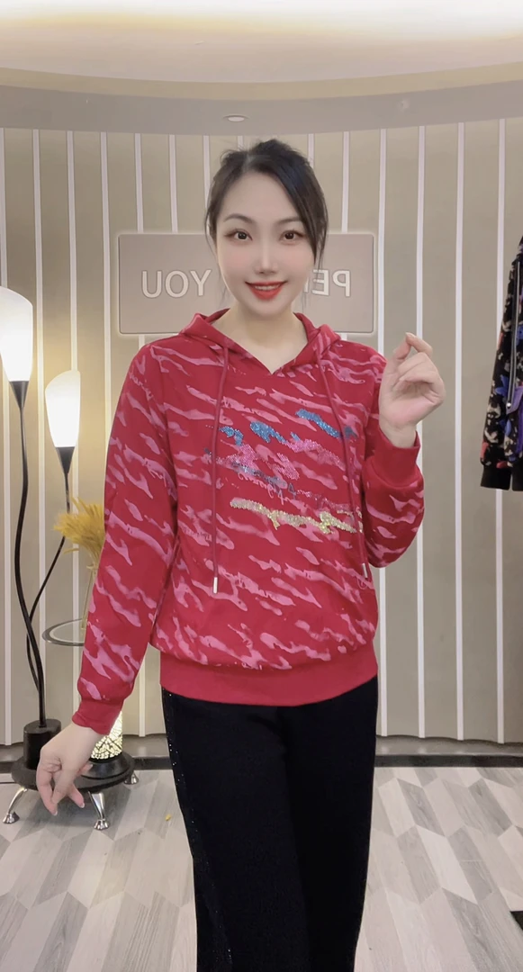 缘格熙2024秋季新款返潮复古长袖烫钻休闲连帽藏青色卫衣女85019