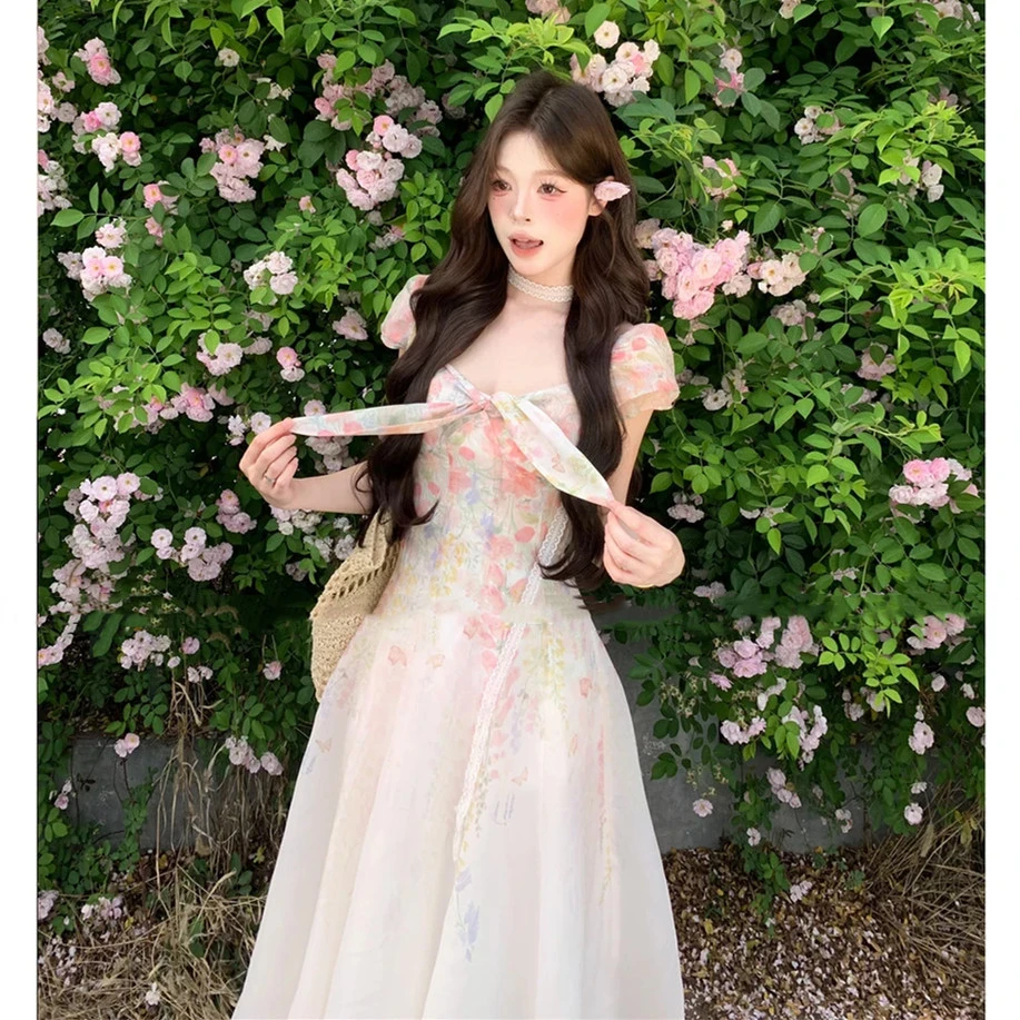 法式甜美渐变碎花连衣裙女夏季新款小众设计感收腰显瘦度假风长裙