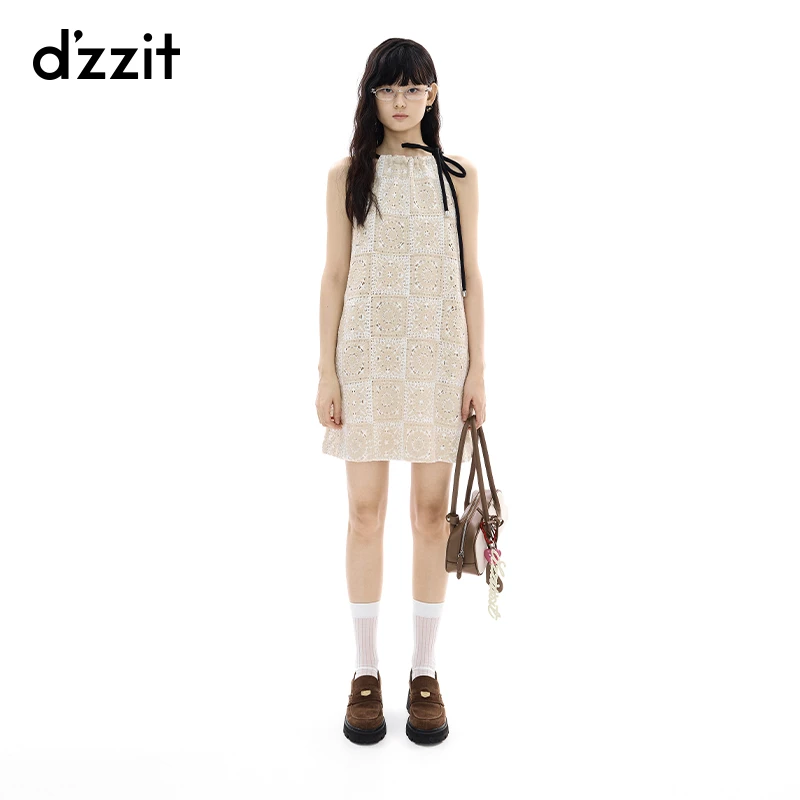003【专属】dzzit地素25夏连衣裙方格钩针镂空花型可调节吊带裙女