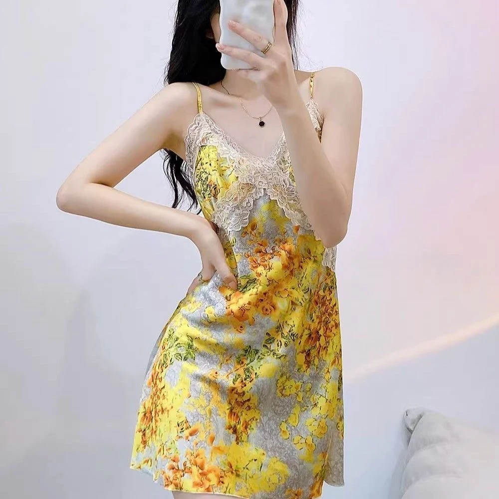 冰丝睡衣夏季性感纯欲风蕾丝吊带睡裙胸垫情调家居服