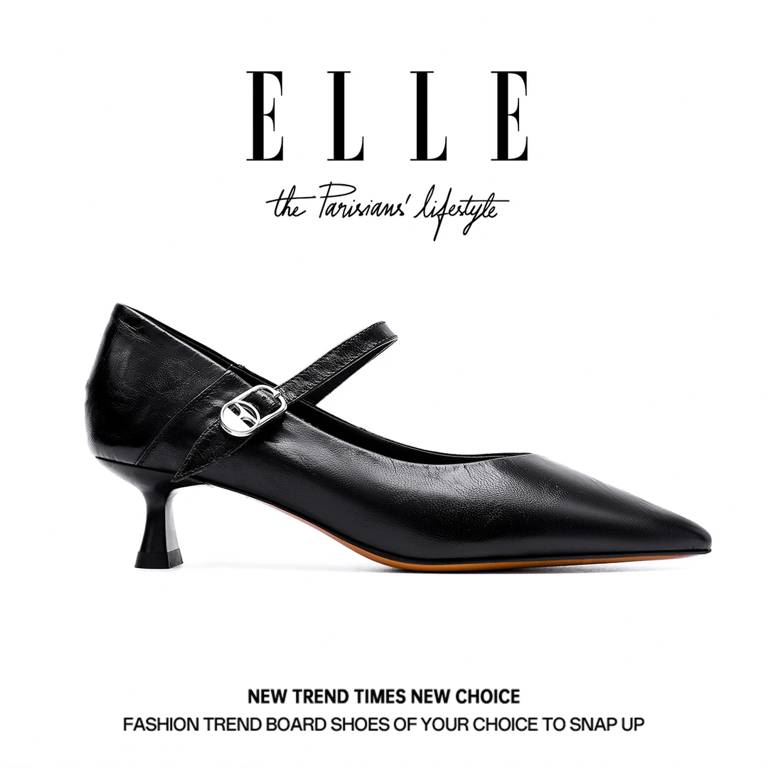 ELLE黑色羊皮一字扣高跟鞋女2025新款尖头单鞋配裙子包头细跟凉鞋