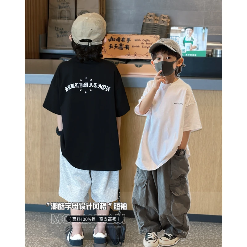 凯文家童装2025年夏季新品男童中大童韩版简约字母儿童短袖T恤衫