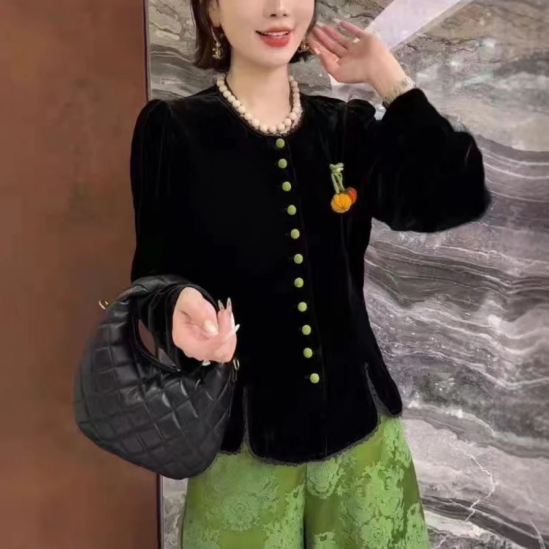 小迪家国风高级感南瓜复古丝绒开衫上衣打底衫