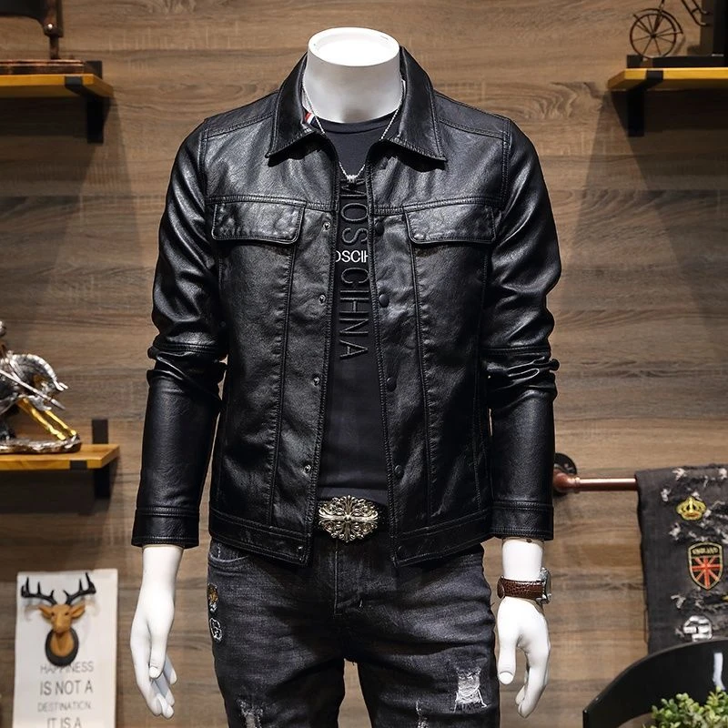 高级感飞行员机车翻领皮衣男青年秋季短款潮牌修身工装皮夹克外套