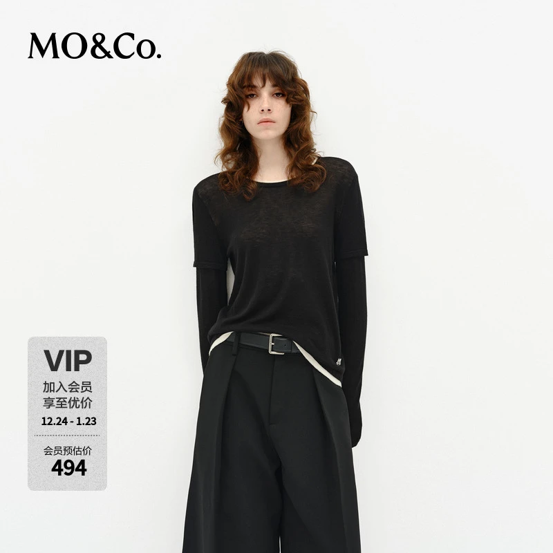 MOCO针织衫2025春新品轻暖绵羊毛假两件设计感黑色软糯MBE1SWT028