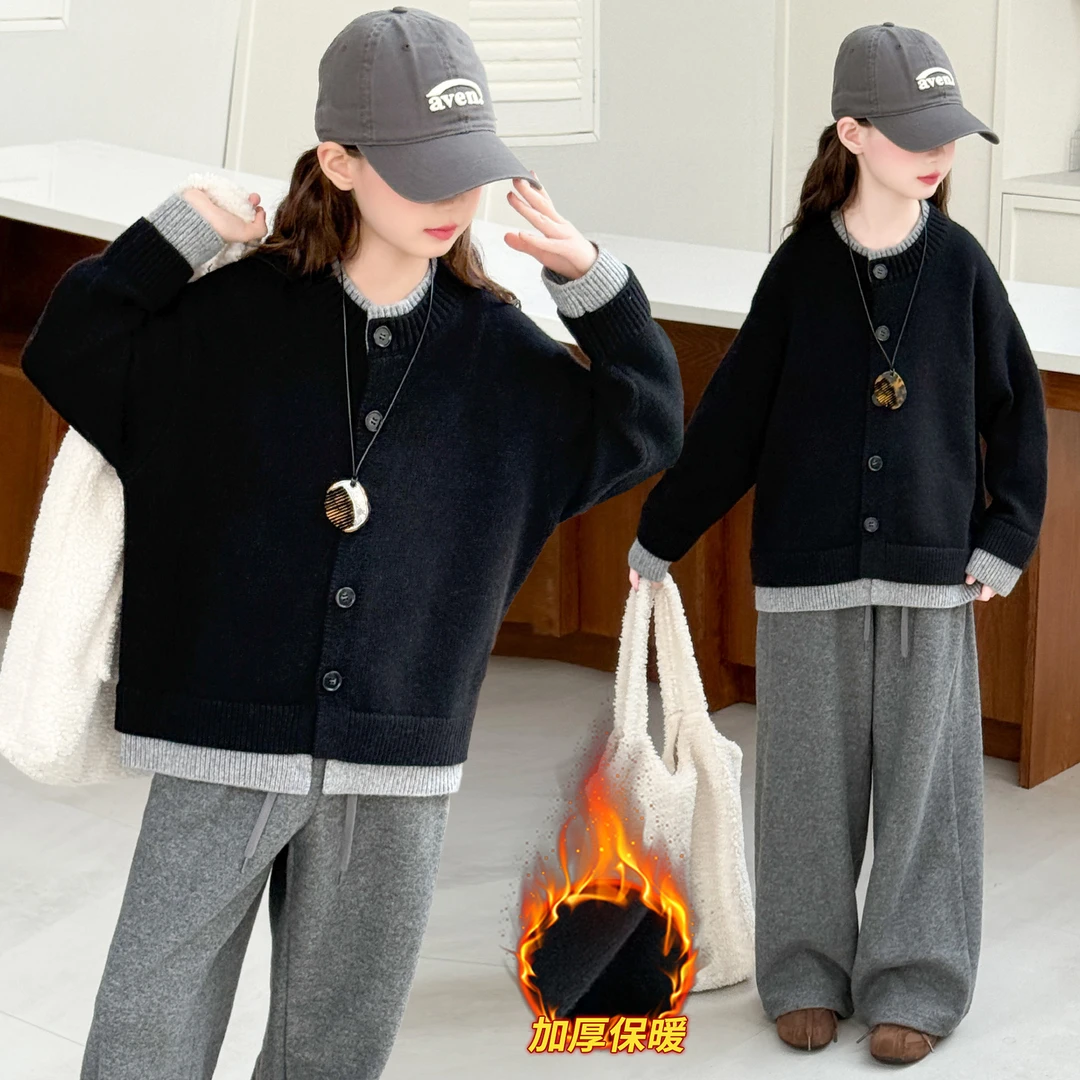 女童秋冬款毛衣2025新款6-12岁中大童洋气时髦假两件加厚针织开衫