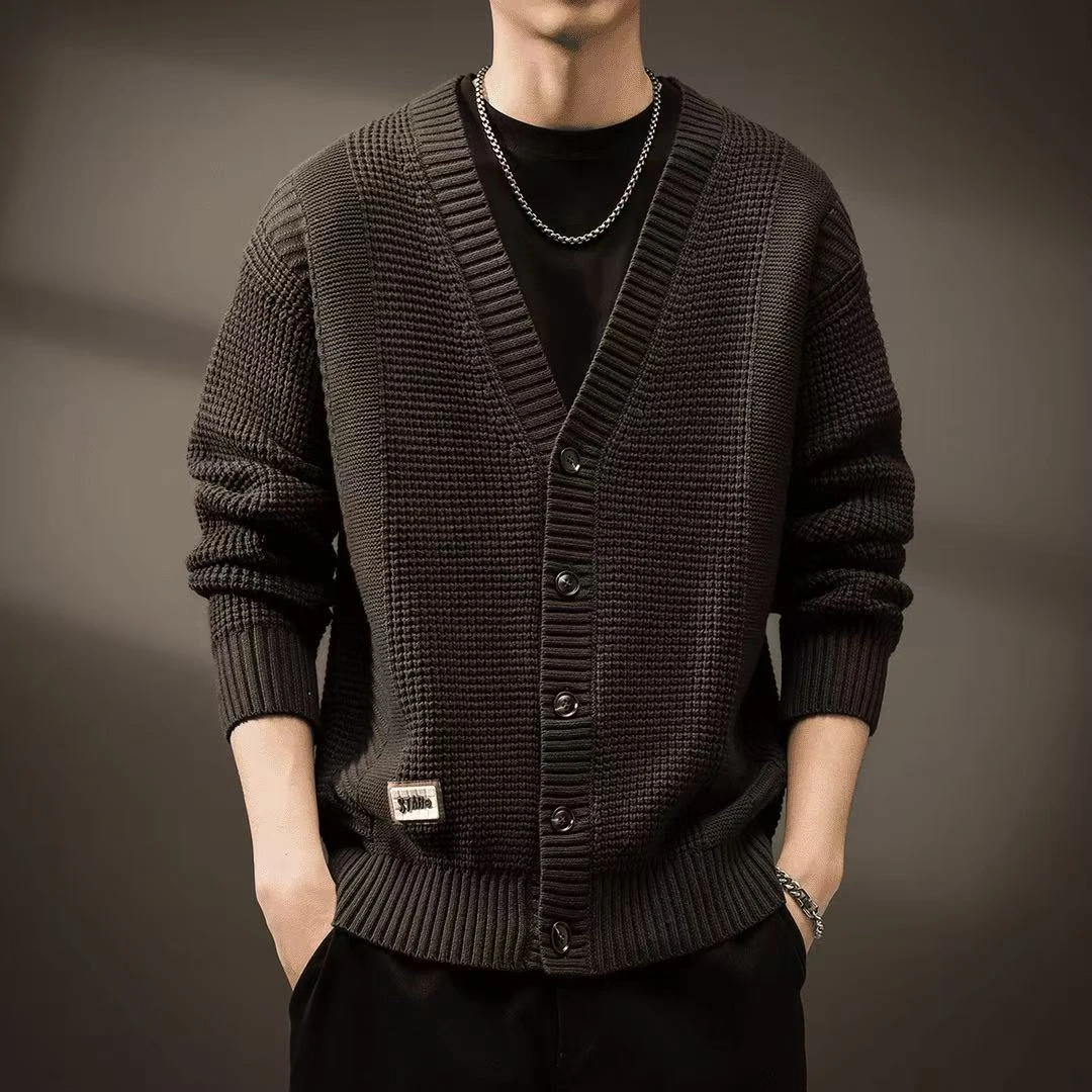 高档秋季新款V领开衫毛衣男士潮流轻奢针织衫外套百搭男装上衣073
