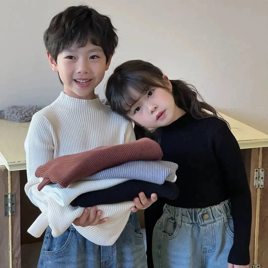 韩国男女童半高领百搭针织衫内搭纯色弹力坑条毛衣洋气保暖打底衫