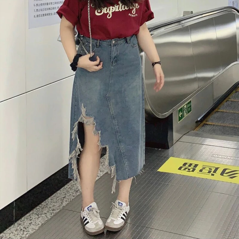 300斤大码胖mm不规则破洞牛仔半身裙女夏季新款女装裙子显瘦a字裙